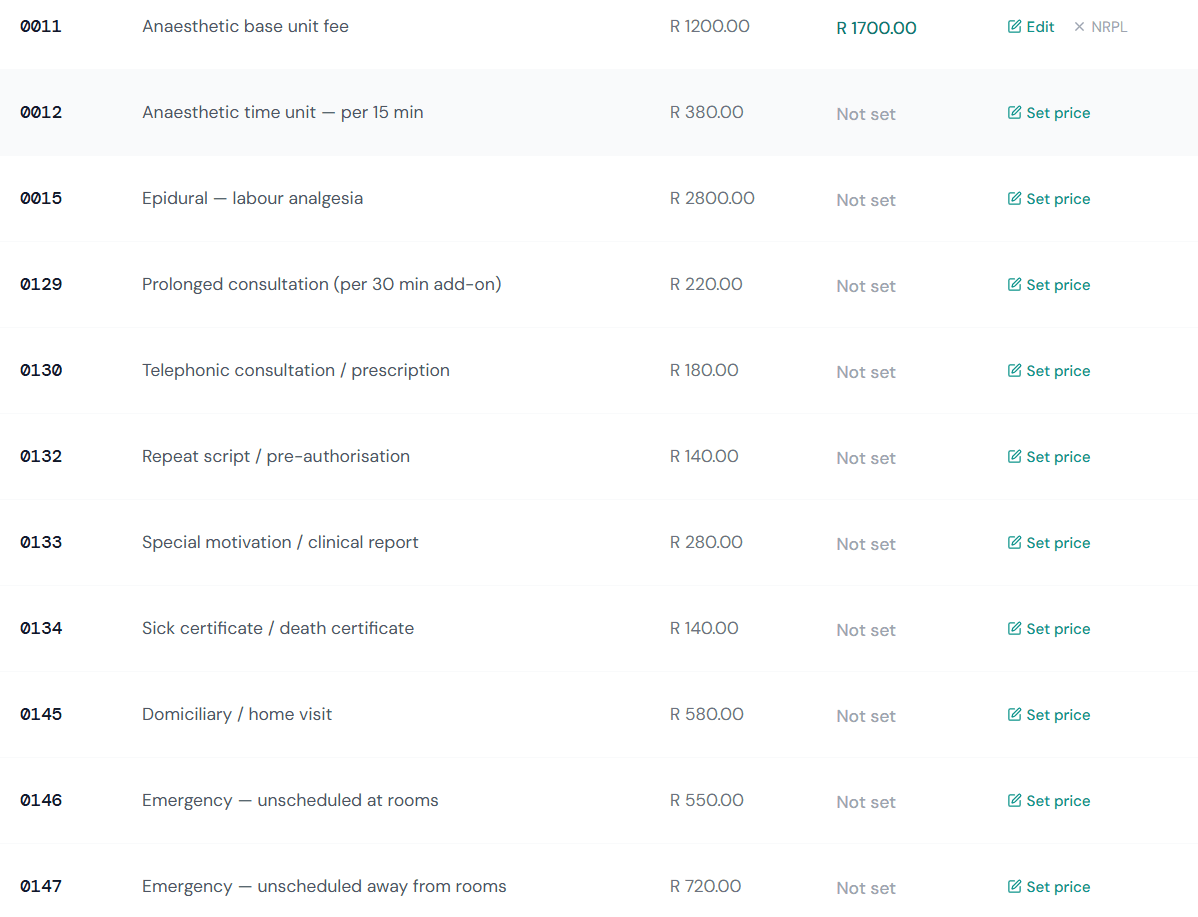 Procedure codes listed with descriptions and prices