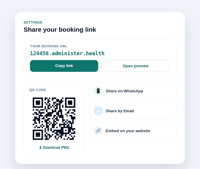 Booking link settings with copy link, QR code and share options
