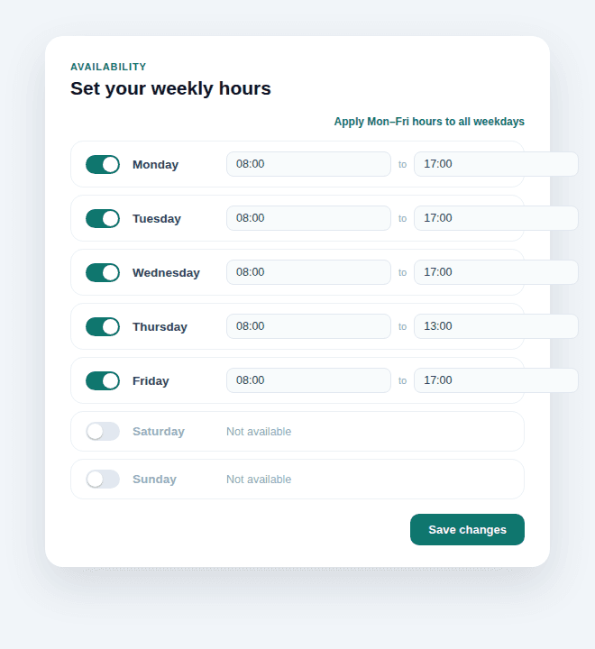 Weekly hours settings with start and end times for each weekday