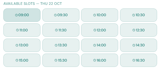 Available appointment time slots for a selected day